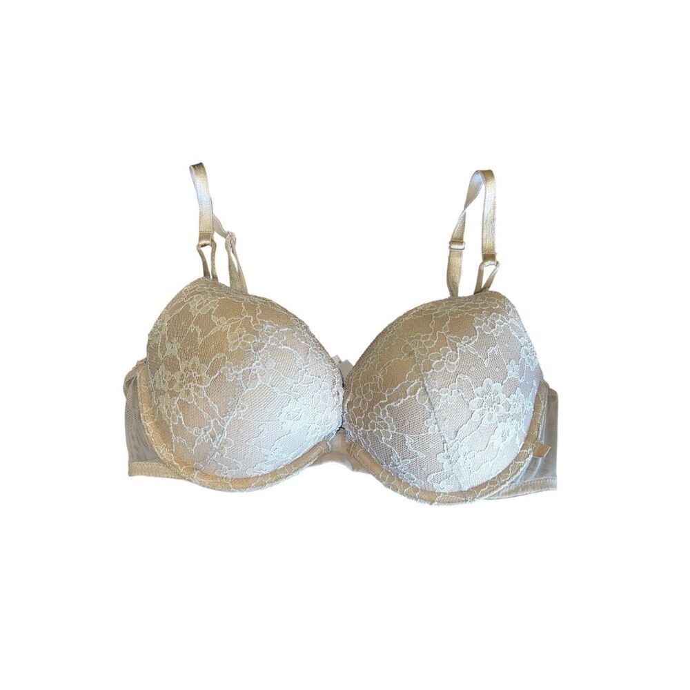 Victoria Secrets 32D tan beige push up sexy sheer lace bra